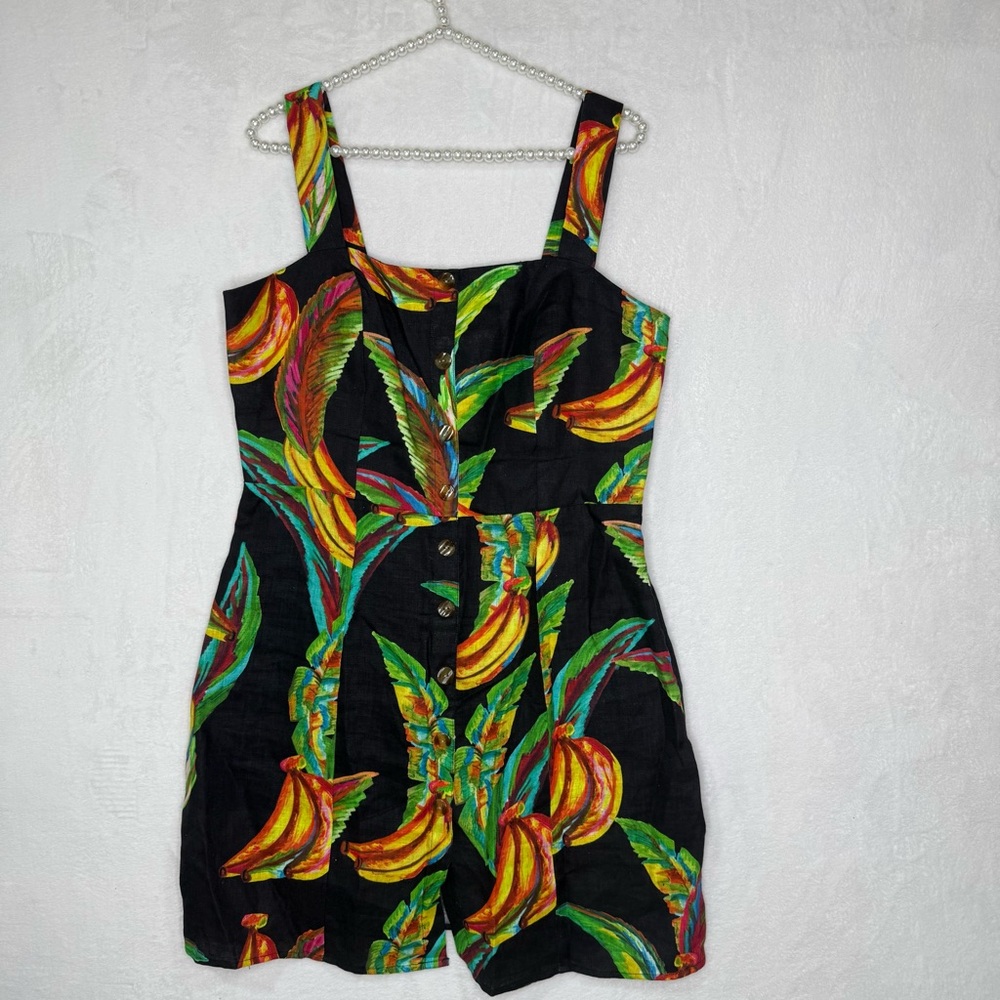Farm Rio Preta Banana Linen Mini Dress Women’s Large Black Multi Anthropologie